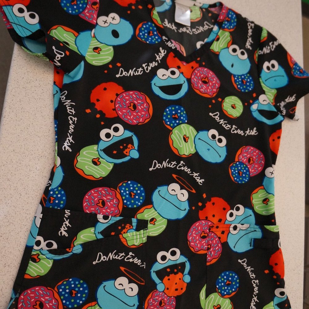 Sesame Street "DoNut Even Ask Cookie Monster" Women's Scrub Top